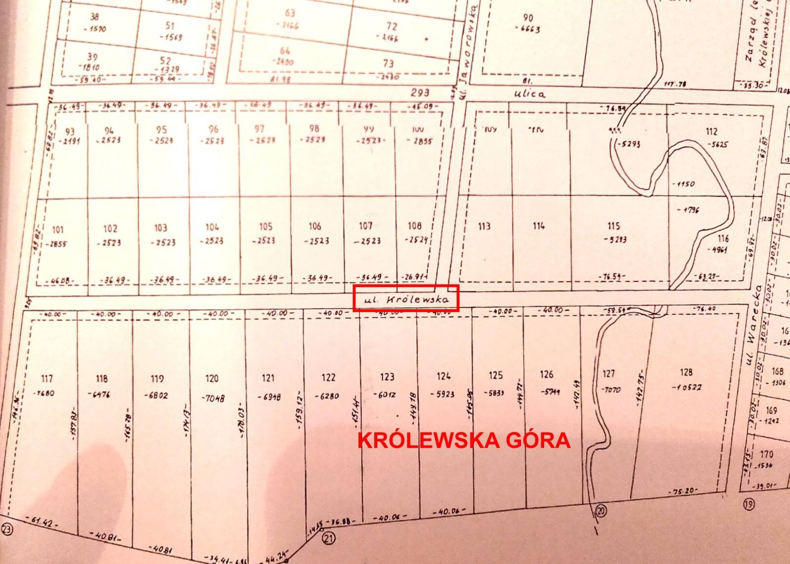 Fragment planu parcelacyjnego Królewskiej Góry z 1926 roku z ulicą 'Królewską' (hipotetyczna Królewska Góra)